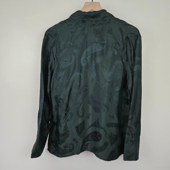 COS Jacquard Bow Back Silky‎ Blouse Sz 4 Dark Green Shirt Relaxed Long Sleeve - Picture 3 of 13